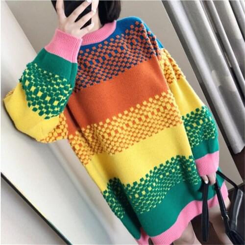 2021 Autumn Fashion New Mid-Length Round Neck Long-Sleeved Lazy Wind Loose Thick Rainbow Knitted Sweater Womens Top Trend H273