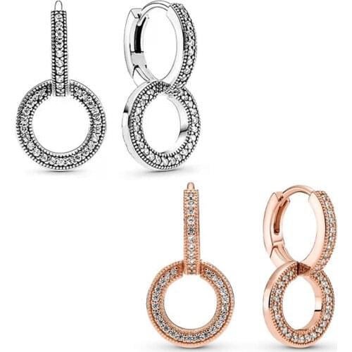 100% 925 Silver New Charm Shining Double Ring PAN Earrings Suitable For Womens Wedding Gifts Festival Diy Charm Jewelry