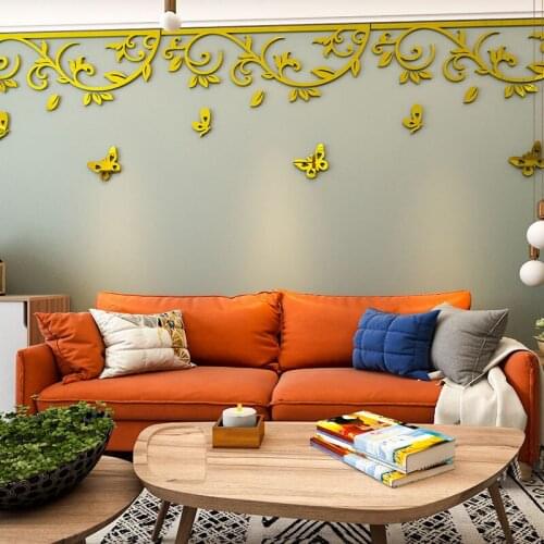 Butterfly flower vine acrylic 3d self-adhesive wall sticker Living room bedroom dining room Corners waist mirror gold sticker