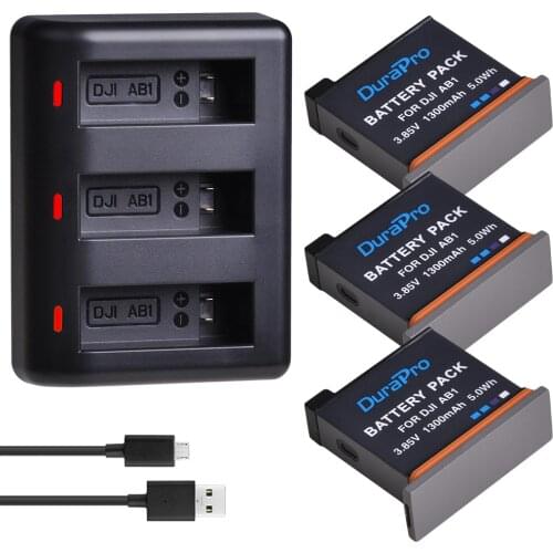 3pcs 1300mAH AB1 Rechargeable Li-ion Battery Pack + LED 3-Ports USB Charger for DJI Osmo AB1 Action Sport Camera