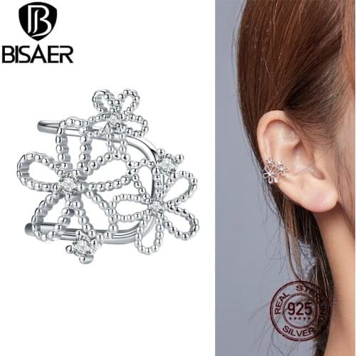 BISAER Hollow Flower Clip Earrings 925 Sterling Silver Ear Clip For Women Unique Design Genuine Jewelry 2020 New Arrival ECE921