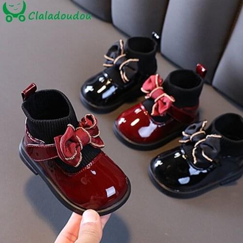 12-15.5cm Patent Leather Boots For Toddler Girls,Solid Knitting Kids Women Autumn Boots For Party Wedding,Bowtie Kids Flats Shoe