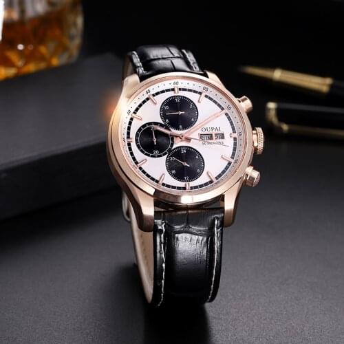 OUPAI Commander Design Multi-Function Automatic Watch Men with week Calendar Waterproof Luxury Sapphire Watch Men Leather Strap