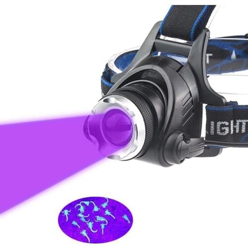 UV LED Purple+Single White Headlamp Rotating Zoom Headlight Torch Rechargeable 18650 Battery Head Catching Scorpion Torch