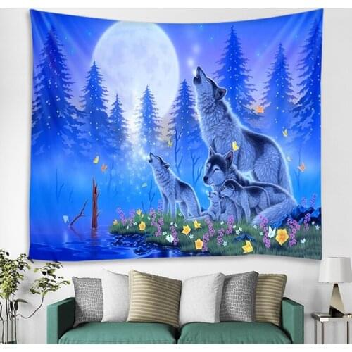Forest Animal Wolf, Cute Pet Cat, Colorful Clouds Of Clouds Tapestry Cover Beach Towel Throw Blanket Picnic Yoga Mat Home Decora