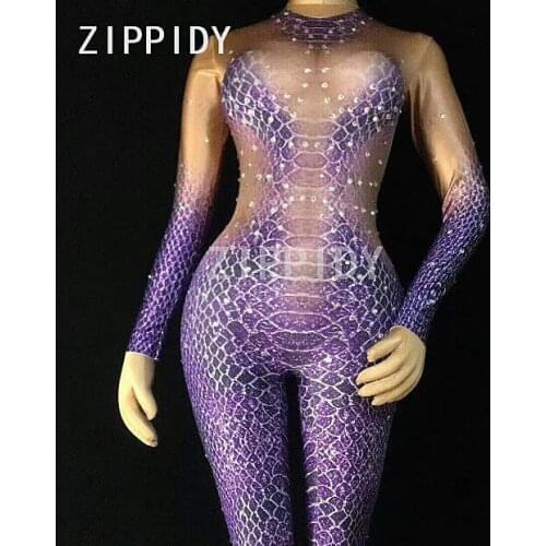Stylish Snake Striae Pattern Purple Jumpsuit Sexy Stones Stretch Outfit Nightclub Singer Dancer Party Bodysuits Womens Clothes