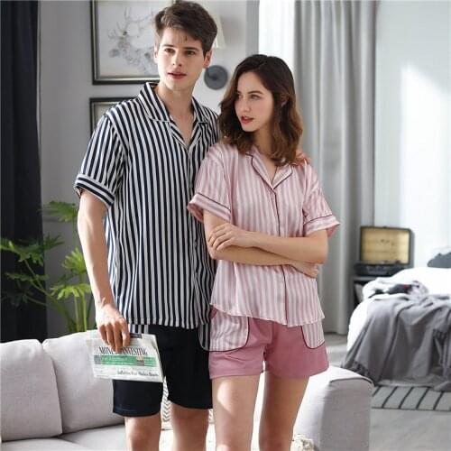 Couple Sleepwear 2020 Latest Fashion Striped Sexy Satin Silk Pajama Sets Female Male Summer Short Sleeve Shorts Two-Piece X9830