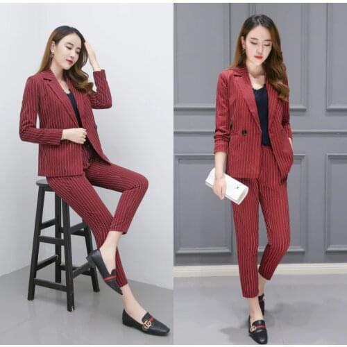 Womens suits set 2 pieces suit female striped temperament business suits ladies office business uniform OL jacket + pants suit