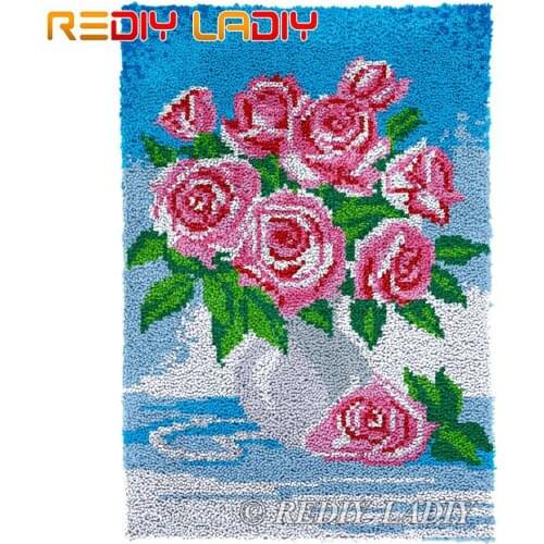 Latch Hook Rug Chunky Yarn Tapestry Kits DIY Carpet Rug Rose with Vase Knitted Floor Mat Crochet Cushion Arts & Crafts 58*87cm