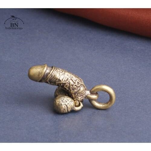 Brass Man Penis Pendant for Keychains Mini Male Genitalia Shaped Sculpture Statues Car Keyring Hanging Jewelry Funny Gifts