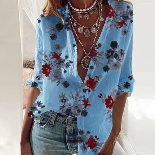Summer Beach Style Blouse Women Bohemein Flora Printed Buttons T Shirt Stand Collar Long Sleeves Casual Blouse Summer Loose Tops