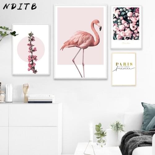 NDITB Flamingo Flower Canvas Art Posters Prints Nordic Style Landscape Minimalist Painting Modern Wall Picture for Living Room