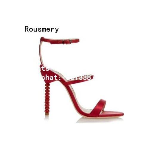 Rousmery Summer Women Red Gold Sliver Beige Color Mirror Multi Strap Crystal Beaded Heel Metallic leather Party Sandals
