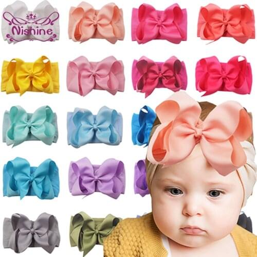 Nishine 6 Inches Solid Color Grosgrain Ribbon Big Bowknot Baby Girls Headband Soft Elastic Wide Nylon Hairband Infant Headwear