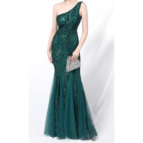 2021 New Elegant One Shoulder White Long Sequin Evening Dress Women Party Dress Wedding Wear