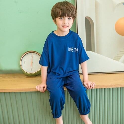 Toddler Boys Clothes Pyjamas Kids Summer Pajamas Childrens Sleepwear Solid Blue Casual Baby Boys Cotton Sets Modal Nightwear