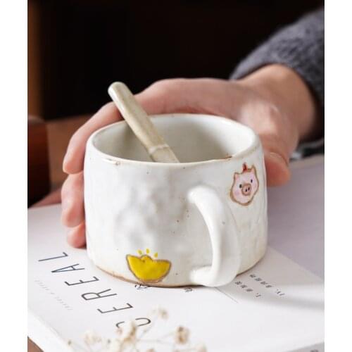 Hand-Held Japanese-Style Ceramic Cute Mug Coffee Cup Spoons as the Gifts Milk Cup XINGX Pig Cherry Stoneware Water Cup