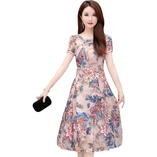 High quality Chiffon Print Imitation Cheongsam Vestido 2021 New Fashion Summer Women Dresses Office Plus size Sweet Dress OK665
