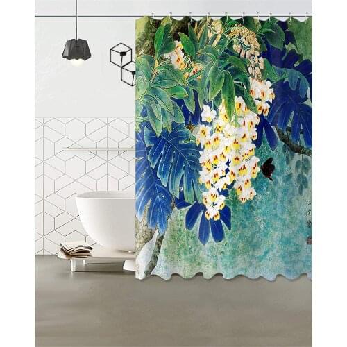 Blossom Leaves Fabric Shower Curtain Sets Bathroom Decor with Hooks