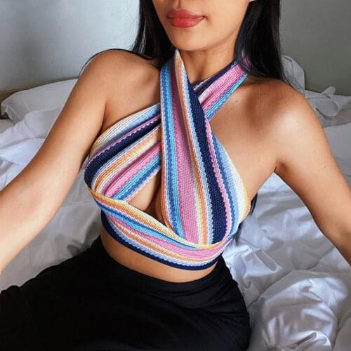 Knitted V Neck Bandage Halter Tops For Women Backless Sexy Tanks Tops Y2K Cropped Summer Fashion Camisole Party Clubwear