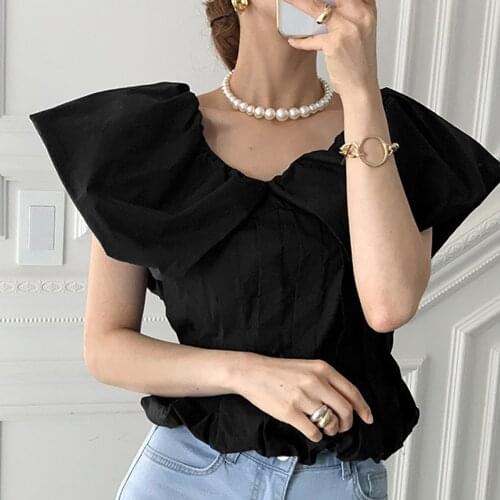 2021 Summer New Japanese Style Fashion Solid Color Round Neck Flying Sleeves Blouse Simplicity Temperament Casual Womens