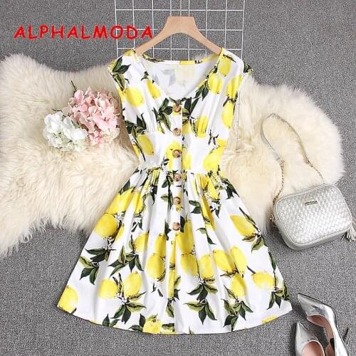 ALPHALMODA 2019 Summer Trendy Floral Printed Dress Sleeveless Single Breasted High Waist Ladies Sweet Princess Vestidos