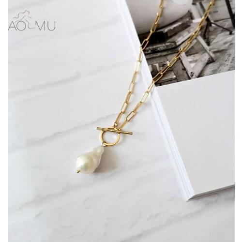 AOMU 2019 Gold Toggle Clasp Boho Small Baroque Pearl Necklace Genuine Freshwater Pearl Necklaces for Women Girls Unique Party