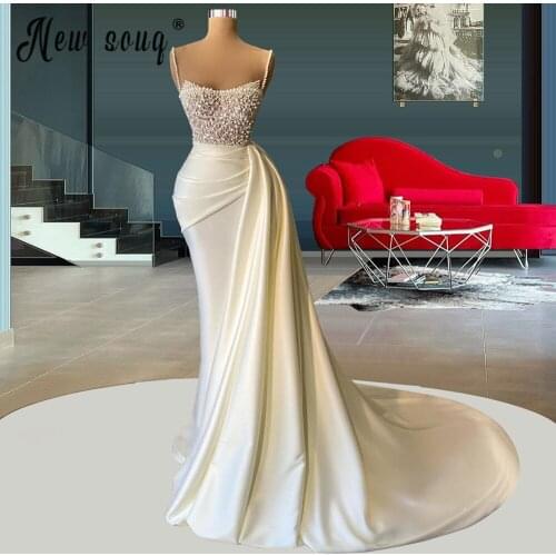 Elegant Pearls Long Robes African Mermaid with Detachable Train Evening Dresses 2021 White/Ivory Shiny Formal Prom Gowns