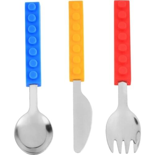 3pcs/set Creative Lego bricks silicone stainless steel Portable Travel Kids Adult Cutlery Fork Spoon Picnic Set Gift