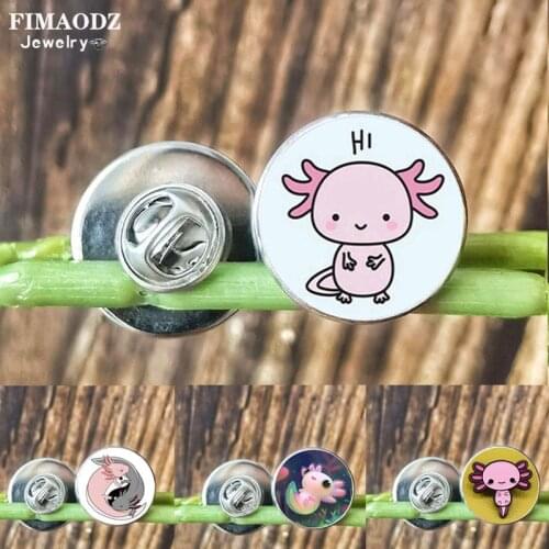 Stainless Steel Axolotl Pins Fashion Animal Pet Art Cartoon Pattern Glass Round Badges Backpack Brooch Pin for Friends Gift
