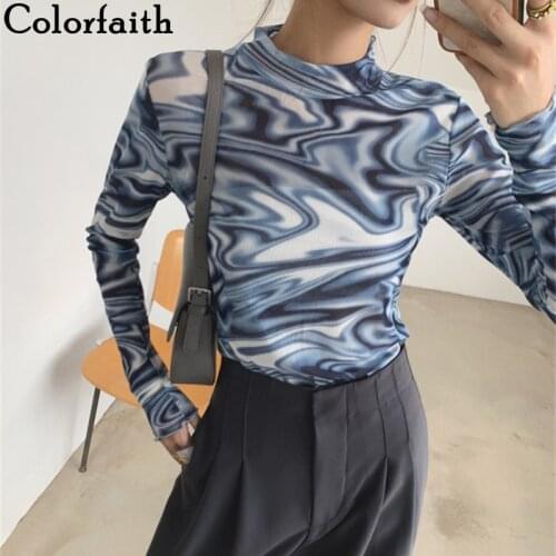 Colorfaith Y2K New 2021 Womens Spring Autumn T-shirt Bottoming Basic Turtleneck Korean Fashionable Wild Lady Tie Dye Tops T6338