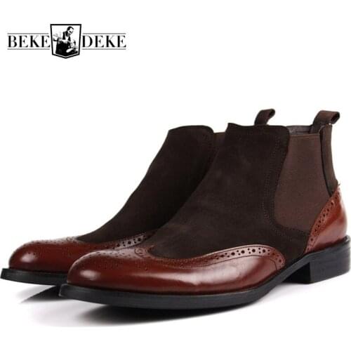 Designer Classic Pointed Slip On Mens Ankle Boots 100% Real Leather Brown Black Italian Wedding Business Men Shoes Botas Hombre