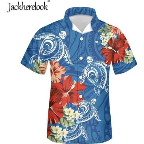 Jackherelook Blue Hawaiian Turtle Design Men Shirt Cuban Guayabera Top Hibiscus Plumeria Print Button Down Clothes Chemise Homme