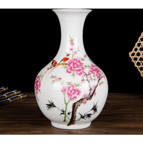 Jingdezhen Peach Blossom Ceramic Vase Meiping Wedding Decoration White Porcelain Classical Famille Rose Flower Vase Gift