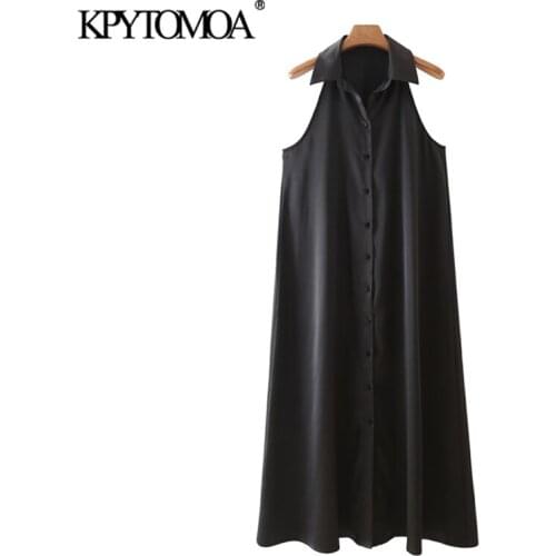 KPYTOMOA Women 2021 Chic Fashion Soft Touch Midi Shirt Dress Vintage Sleeveless Button-up Female Dresses Vestidos Mujer