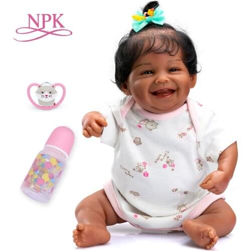 NPK 49CM Bebe Doll Reborn Full Body Soft Silicone African American Black Dark Skin Baby Sweet Happy Baby Waterproof Bath Toy
