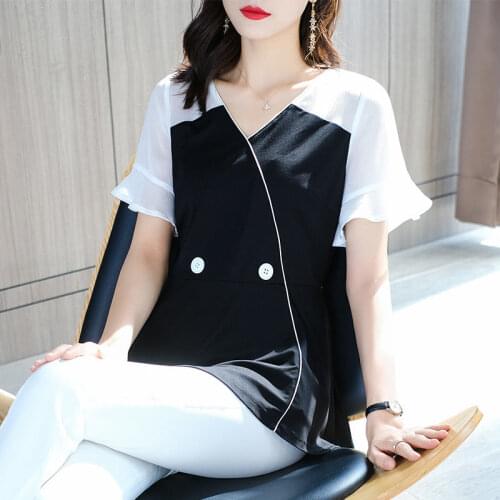 Summer Women Splice Chiffon Casual Blouses Shirts Short Sleeve Asymmetry Tops Loose Tops BlusasMM198