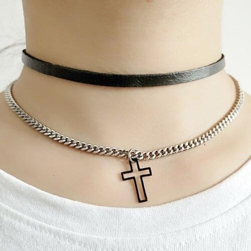 2021 Cross Leather Stainless Steel Layered Necklace for Women Black Necklace Chain Jewelry joyeria acero inoxidable mujer N19050
