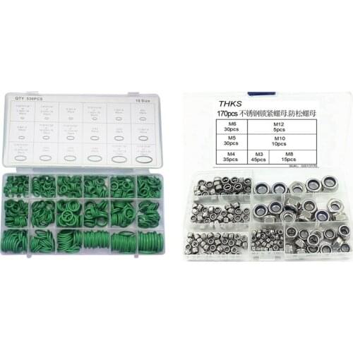 170Pcs 7 Sizes Nut Assortment Kit M3 M4 M5 M6 M8 M10 M12 with 530Pcs O-Ring Automotive Air Conditioning Rubber Box Set