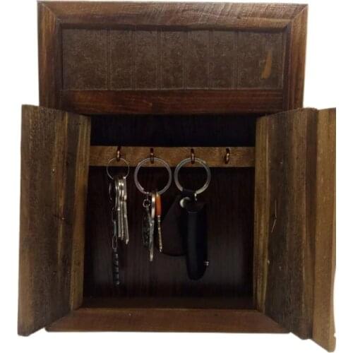 Wall shelf Keychain, authentic style wooden key storage cabinet, keychain Box Brown,natural wood with hanging hooks