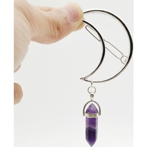 New Fashion 12 Colors Girls Silver Plated Metal Moon Hair Clips Nature Stone Pendant Hairpins Holder Hair Accessories for Her