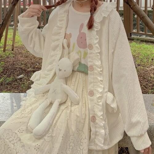 Japanese College Girly Girl Sweet Ruffled Patchwork Pocket Lantern Long Sleeve Loose All-Matching Cardigan Coat Female Autumn