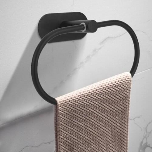 Bathroom Simple Stainless Steel Wall Mounted Towel Rack Self-Adhesive Towel Holder Hanger Towel Ring Storage Hanging Shelf Black