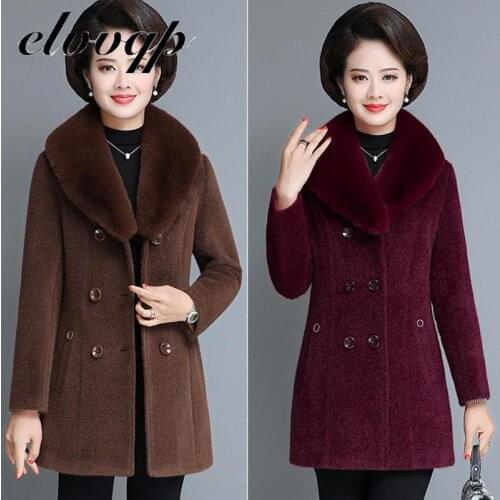 Plus Size 5XL 2020 New Winter Middle-aged Womens Mother Mink Velvet Woolen Coat Female Elegant Fur Collar Mid-length Wool Coat