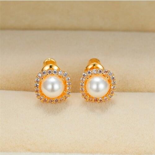 Luxury White Round Small Pearl Earrings Charming Square Crystal Stud Earrings Rose Gold Silver Color Wedding Earrings For Women