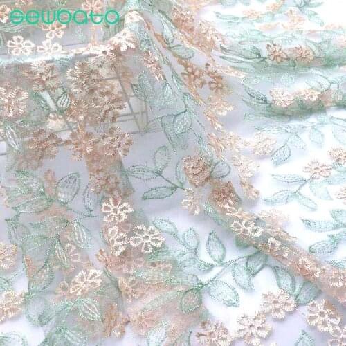SEWBATO 1 Meter Floral Mesh Lace Embroidery Tree Leaf Embroidery Fabric Womens Wedding Dress Designer Handmade Diy Cloth