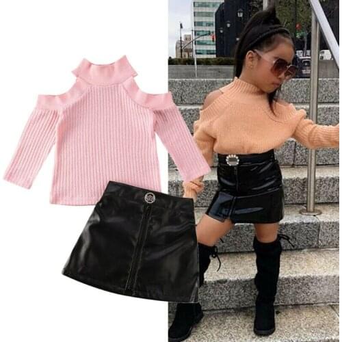 2PCS Toddler Baby Girl Autumn Winter Clothes Sweater Off Shoulder Turtleneck Tops+Mini Leather Skirt Outfits Set