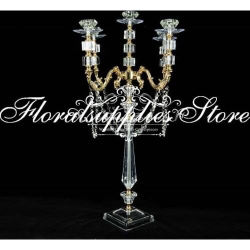 78cm tall crystal candelabra wholesale wedding centerpieces 5 arms gold candle holder wedding decoration centerpieces