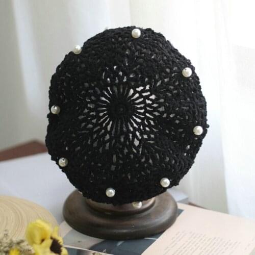 Womens Knitted Hat Black Elegant French Pearl Hollow Hand Crocheted Cotton Thread Cap Girl Sweet Painter Beret