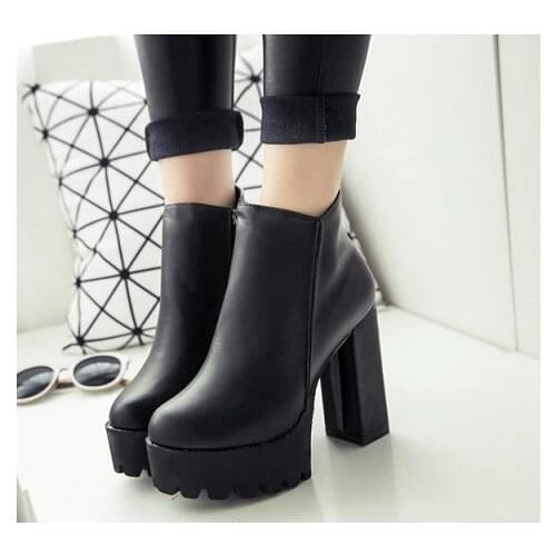 2018New Womens Fashion Side Zipper Ankle Boots Platform Thick High Heel 12 cm Ladies Boots Winter Woman Shoes Black boot